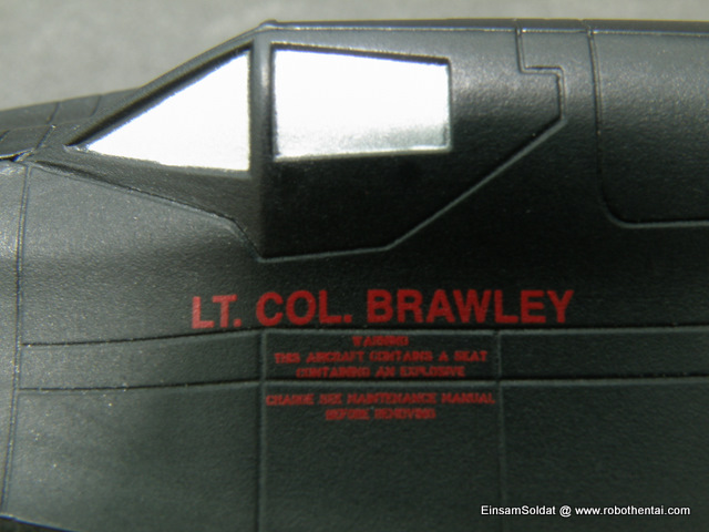 Name and rank of pilot assigned to the SR-71 Backbird printed at the lower part of the cockpit canopy.